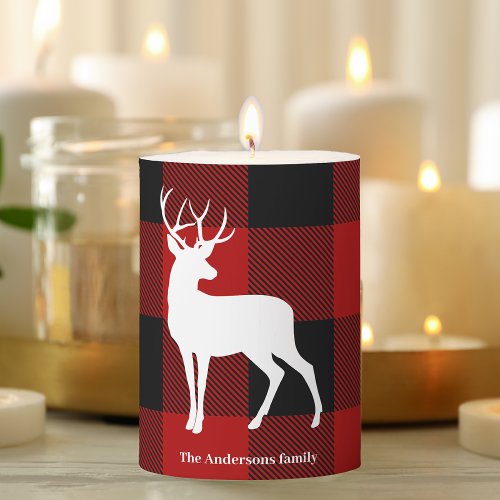 Red Buffalo Plaid  Deer  Personal Name Gift Pillar Candle