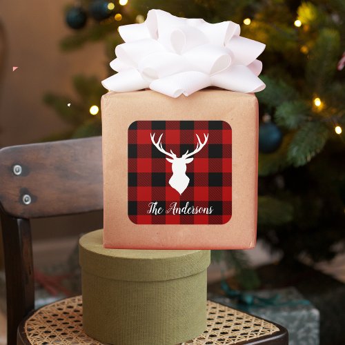 Red Buffalo Plaid  Deer  Personal Name Gift Square Sticker