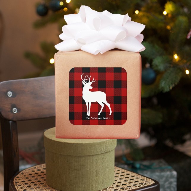 Red Buffalo Plaid & Deer | Personal Name Gift Square Sticker (Creator Uploaded)