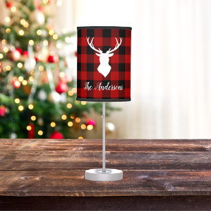 Red Buffalo Plaid & Deer   Personal Name Gift Table Lamp