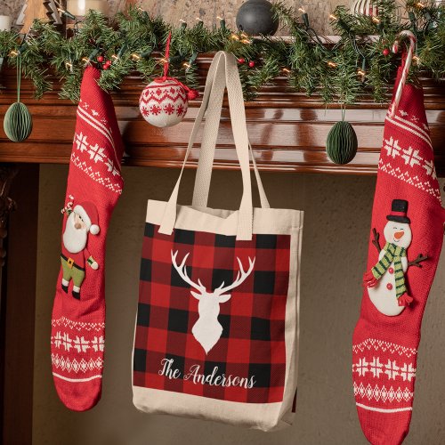 Red Buffalo Plaid  Deer  Personal Name Gift Tote Bag