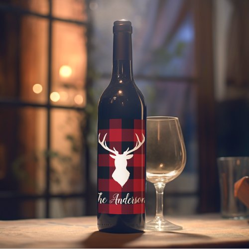 Red Buffalo Plaid  Deer  Personal Name Gift Wine Label