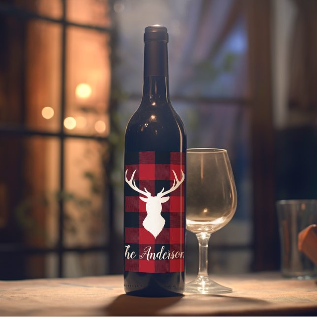 Red Buffalo Plaid & Deer | Personal Name Gift Wine Label (Creator Uploaded)