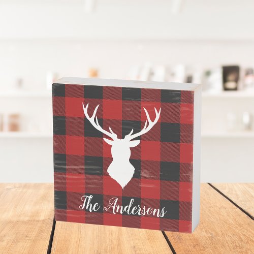 Red Buffalo Plaid  Deer  Personal Name Gift Wooden Box Sign