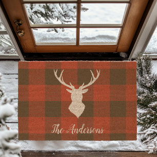 Red Buffalo Plaid Deer Personalized Coir Fiber Doormat