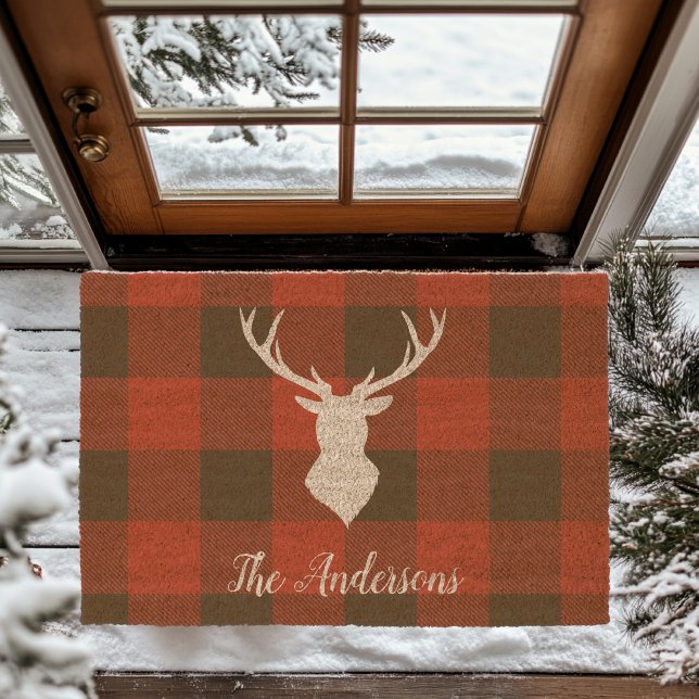 Red Buffalo Plaid Deer Personalized Coir Fiber Doormat (Creator Uploaded)