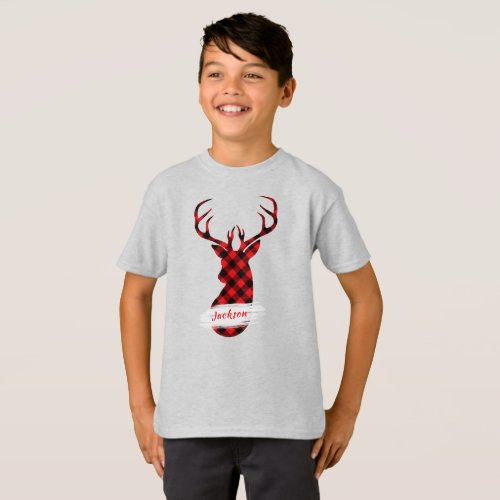Red Buffalo Plaid Deer Personalized Name Christmas T_Shirt