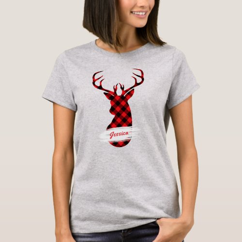 Red Buffalo Plaid Deer Personalized Name T_Shirt