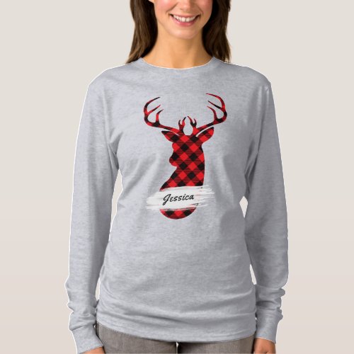 Red Buffalo Plaid Deer Personalized Name T_Shirt