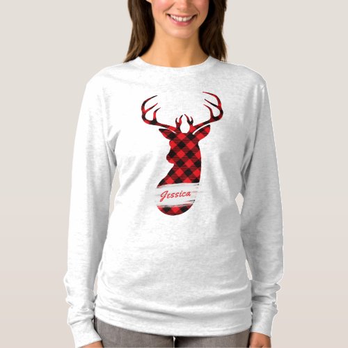 Red Buffalo Plaid Deer Personalized Script Name T_Shirt