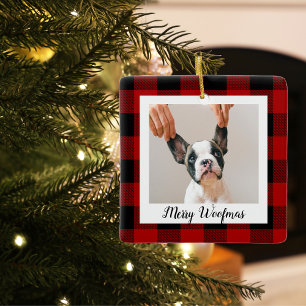 Red Buffalo Plaid Dog Photo Dog Quote Ceramic Ornament