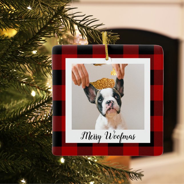 Red Buffalo Plaid Dog Photo | Merry Woofmas Ceramic Ornament (Creator Uploaded)