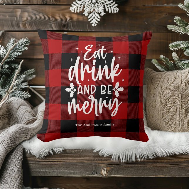 Red Buffalo Plaid “Eat, Drink & Be Merry” Throw Pillow (Creator Uploaded)