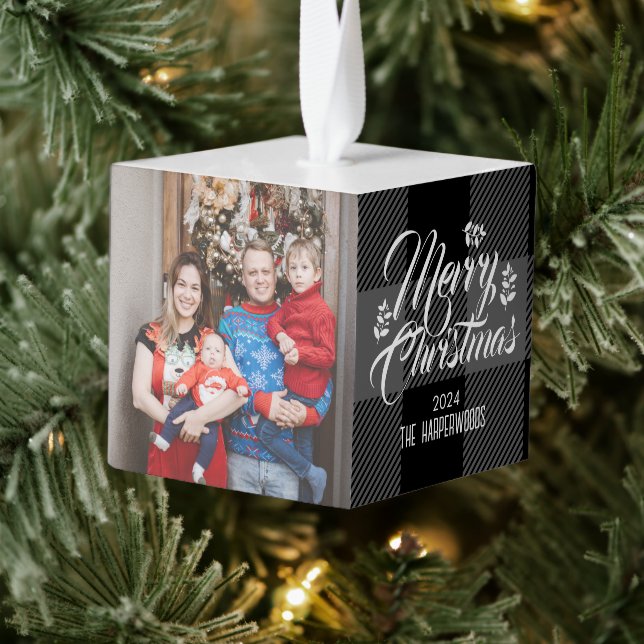 Red Buffalo Plaid Elegant 3 Family photo Christmas Cube Ornament (Tree)