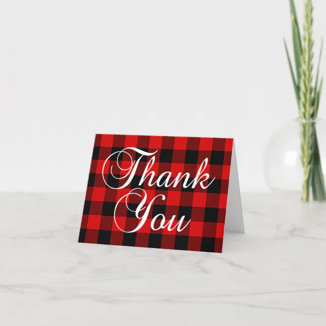 Red Buffalo Plaid Elegant Calligraphy Thank You Card | Zazzle