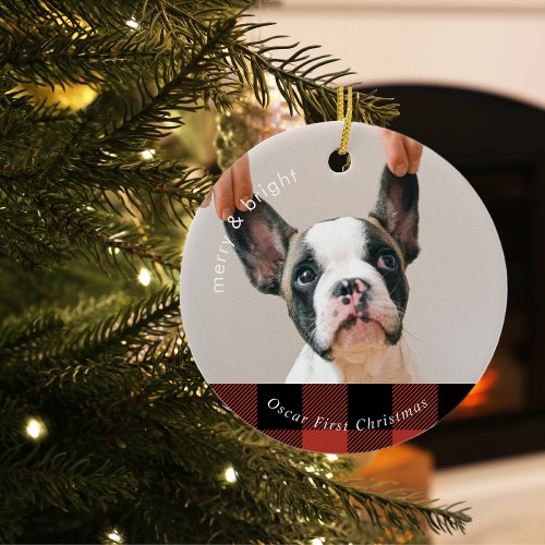 Red Buffalo Plaid Family Dog  Dog First Christmas Ceramic Ornament