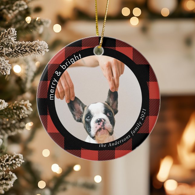 Red Buffalo Plaid Family Dog | Merry And Bright Ceramic Ornament (Creator Uploaded)
