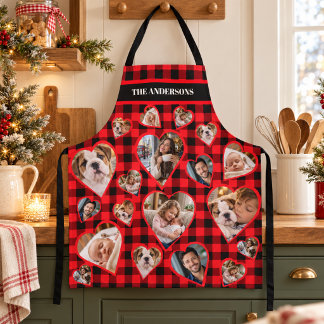 Red Buffalo Plaid Family Heart Photo Collage Name Apron