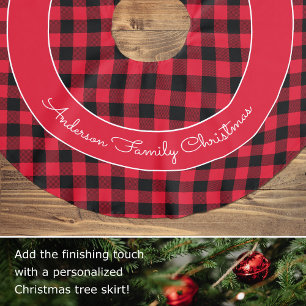 Red Buffalo Plaid Family Name Rustic Christmas Brushed Polyester Tree Skirt