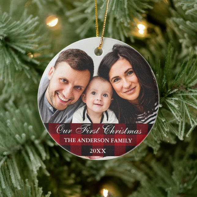 Red Buffalo Plaid Family Our First Christmas Ceramic Ornament (Tree)