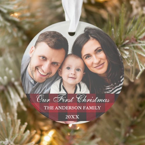 Red Buffalo Plaid Family Our First Christmas Ornament