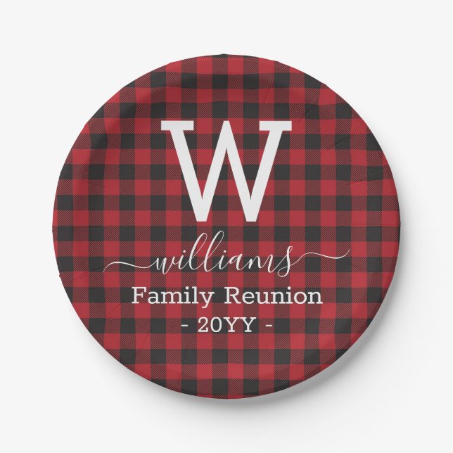 Red Buffalo Plaid Family Reunion Monogrammed Paper Plates (Front)