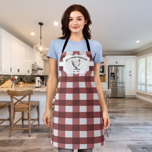 Red Buffalo Plaid Farm Chicken Apron (Red Buffalo Plaid Farm Chicken Personalized Apron)