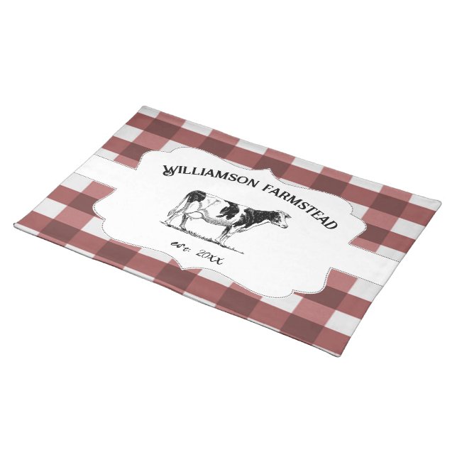 Red Buffalo Plaid Farm Cow Cloth Placemat (On Table)