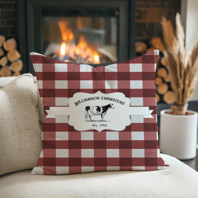Red Buffalo Plaid Farm Cow Throw Pillow (Red Buffalo Plaid Farm Cow Throw Pillow)
