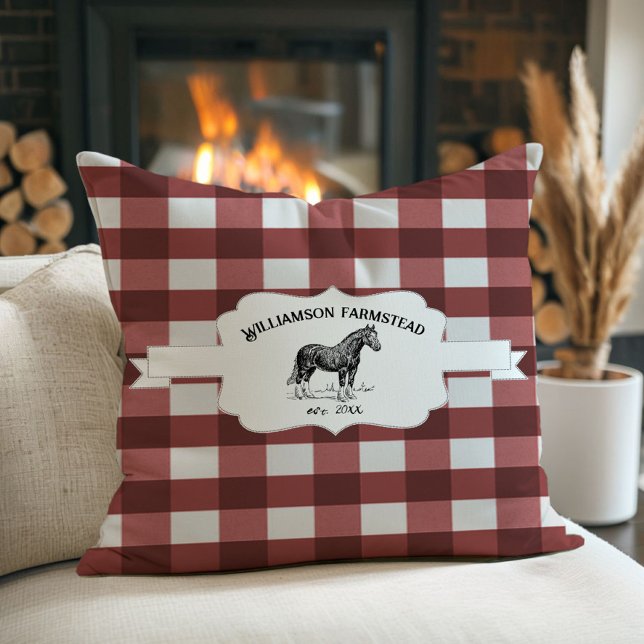 Red Buffalo Plaid Farm Horse Throw Pillow (Red Buffalo Plaid Farm Horse Throw Pillow)