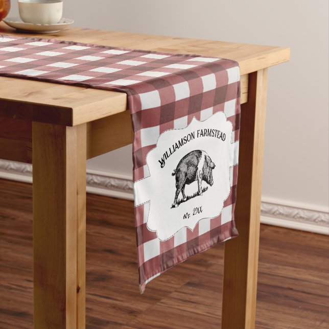 Red Buffalo Plaid Farm Pig Short Table Runner (In Situ)