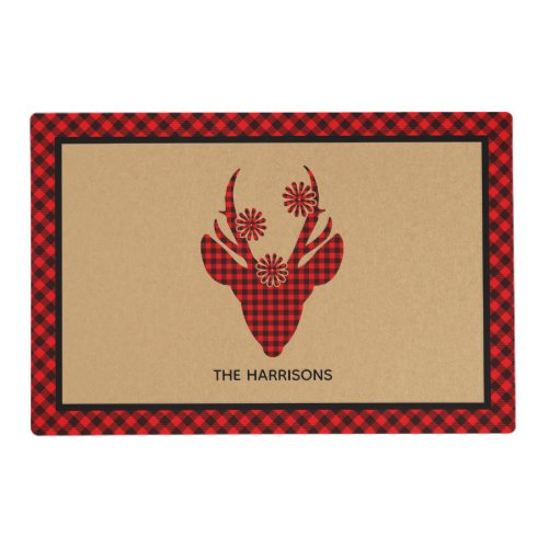 Red Buffalo Plaid Farmhouse Deer Personalized Placemat