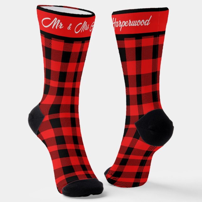 Red Buffalo Plaid first Christmas Mr & Mrs Couple Socks (Angled)