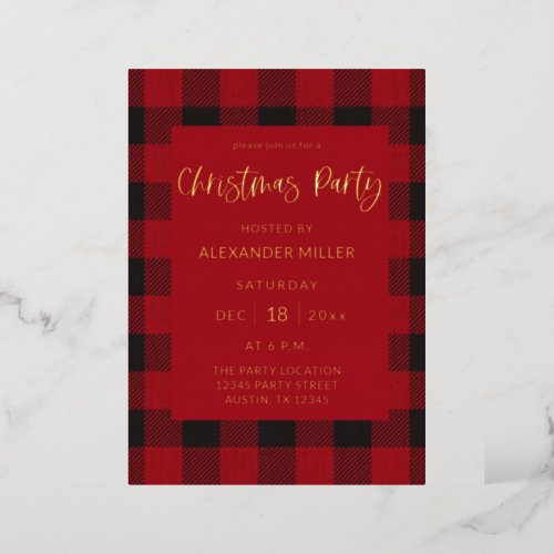 Red Buffalo Plaid Flannel Christmas Party Foil Invitation
