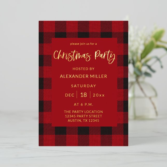 Red Buffalo Plaid Flannel Christmas Party Foil Invitation (Standing Front)