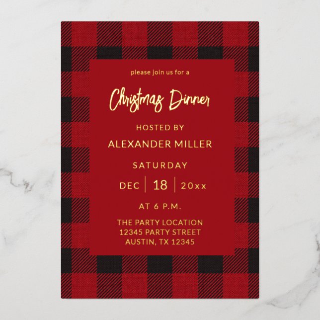 Red Buffalo Plaid Flannel Holiday Christmas Foil Invitation (Front)