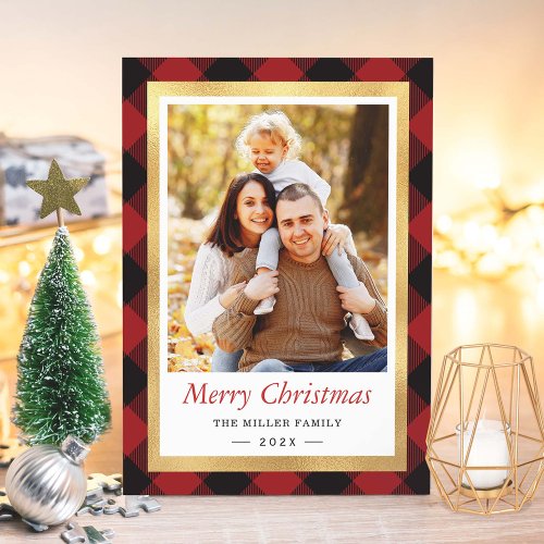 Red Buffalo Plaid Gold Frame Merry Christmas Photo Holiday Card
