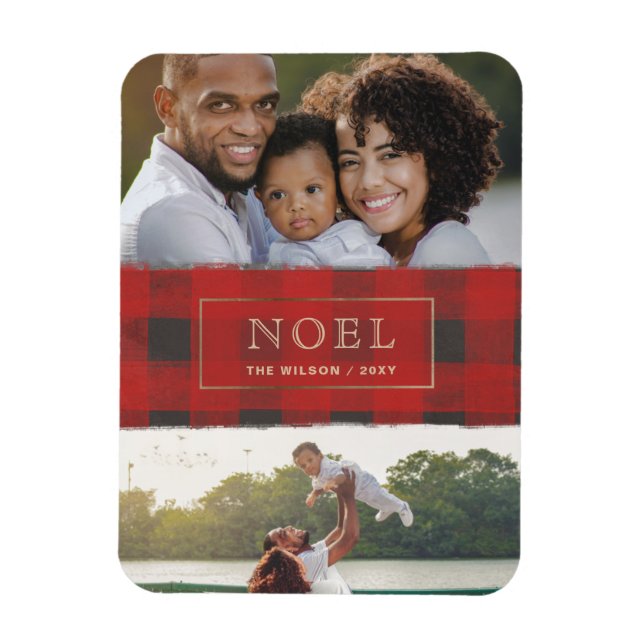 Red Buffalo Plaid Gold Frame NOEL Multiple Photo Magnet (Vertical)