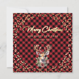 Red Buffalo Plaid Gold Reindeer Snow Christmas Holiday Card