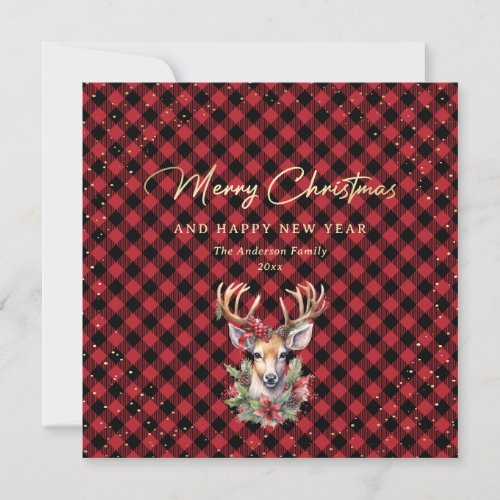 Red Buffalo Plaid Gold Reindeer Snow Christmas Holiday Card