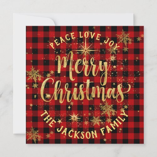 Red Buffalo Plaid Gold Script Merry Christmas Card