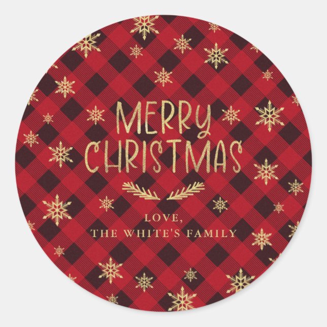Red Buffalo Plaid Gold Snowflake Merry Christmas Classic Round Sticker (Front)