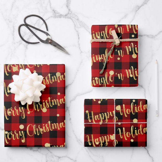 Red Buffalo Plaid Gold Writing Christmas Jingle Wrapping Paper Sheets (Front)