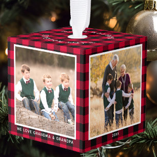 Red Buffalo Plaid Grandparents 4 Photo Christmas Cube Ornament