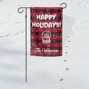 Red Buffalo Plaid Happy Holidays Snowglobe Garden Flag