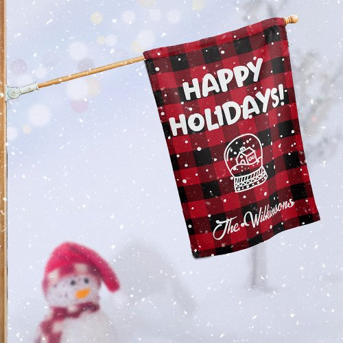 Red Buffalo Plaid Happy Holidays Snowglobe House Flag