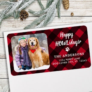 Red Buffalo Plaid Happy HOWLidays Custom Photo  Label
