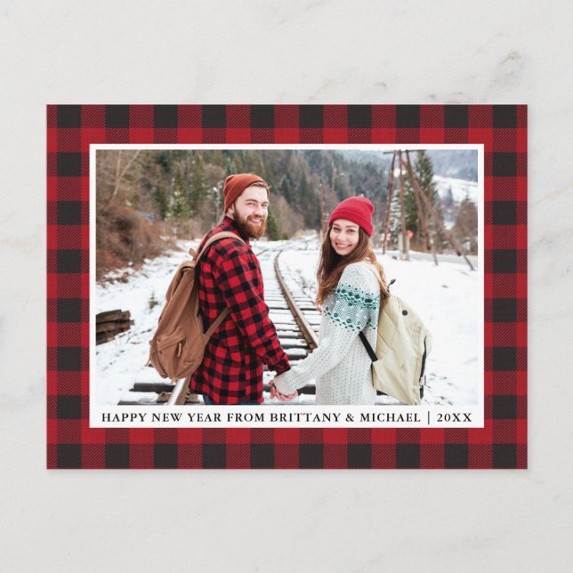 Red Buffalo Plaid Happy New Year Photo Postcard (Front)