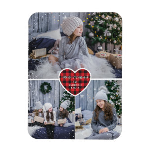 Red Buffalo Plaid Heart Snow Photo Merry Christmas Magnet