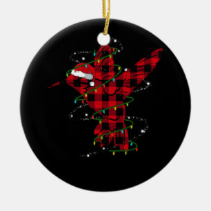 Red Buffalo Plaid Hummingbird Santa Hat Christmas Ceramic Ornament
